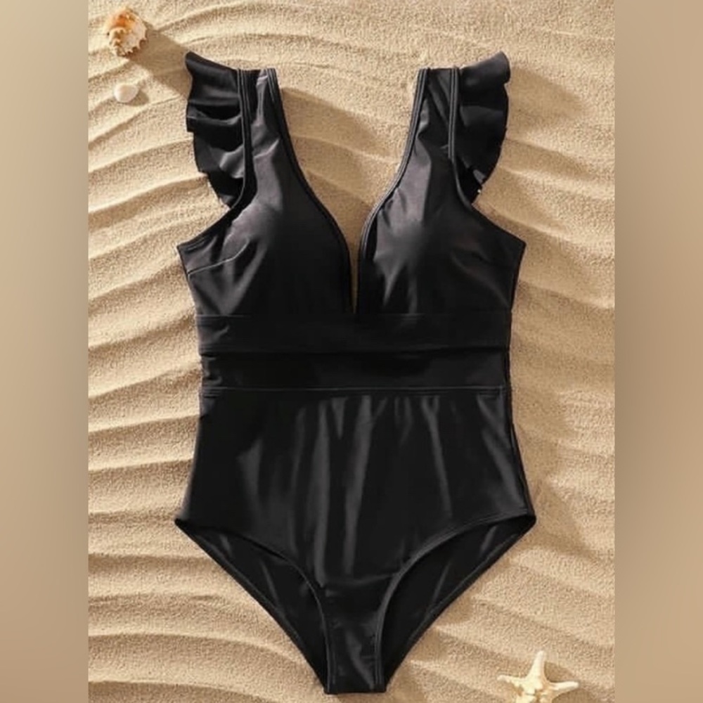 Double Deep V Mesh Black Swimsuit Size 4X